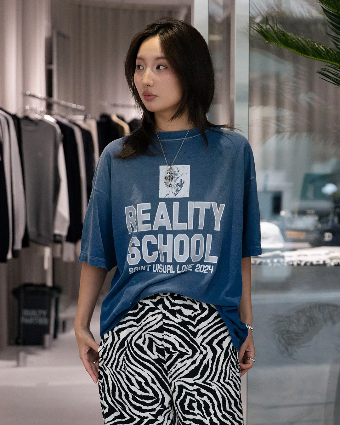 SAINT Mxxxxxx REALITY SCHOOL SS_TEE/NVY slogan distressed short-sleeves, washed blue S-XL, garment dyeing, horse fade, ultra-complex shearing and destruction treatment, correct version, cylindrical fabric, customized original consistent main mark/wash mark, original consistent silver powder printing, distressed treatment